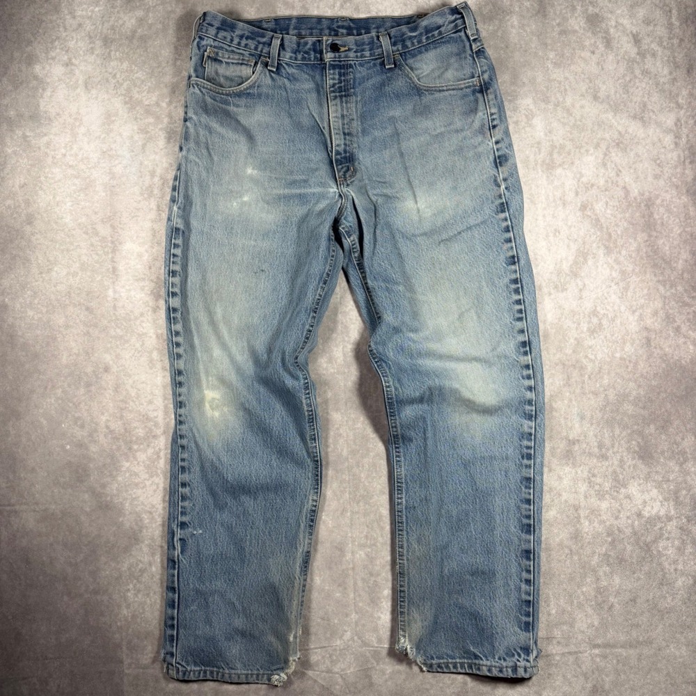Carhartt FR Flame Resistant Work Jeans Mens 35x30 Blue Denim Frayed Distressed